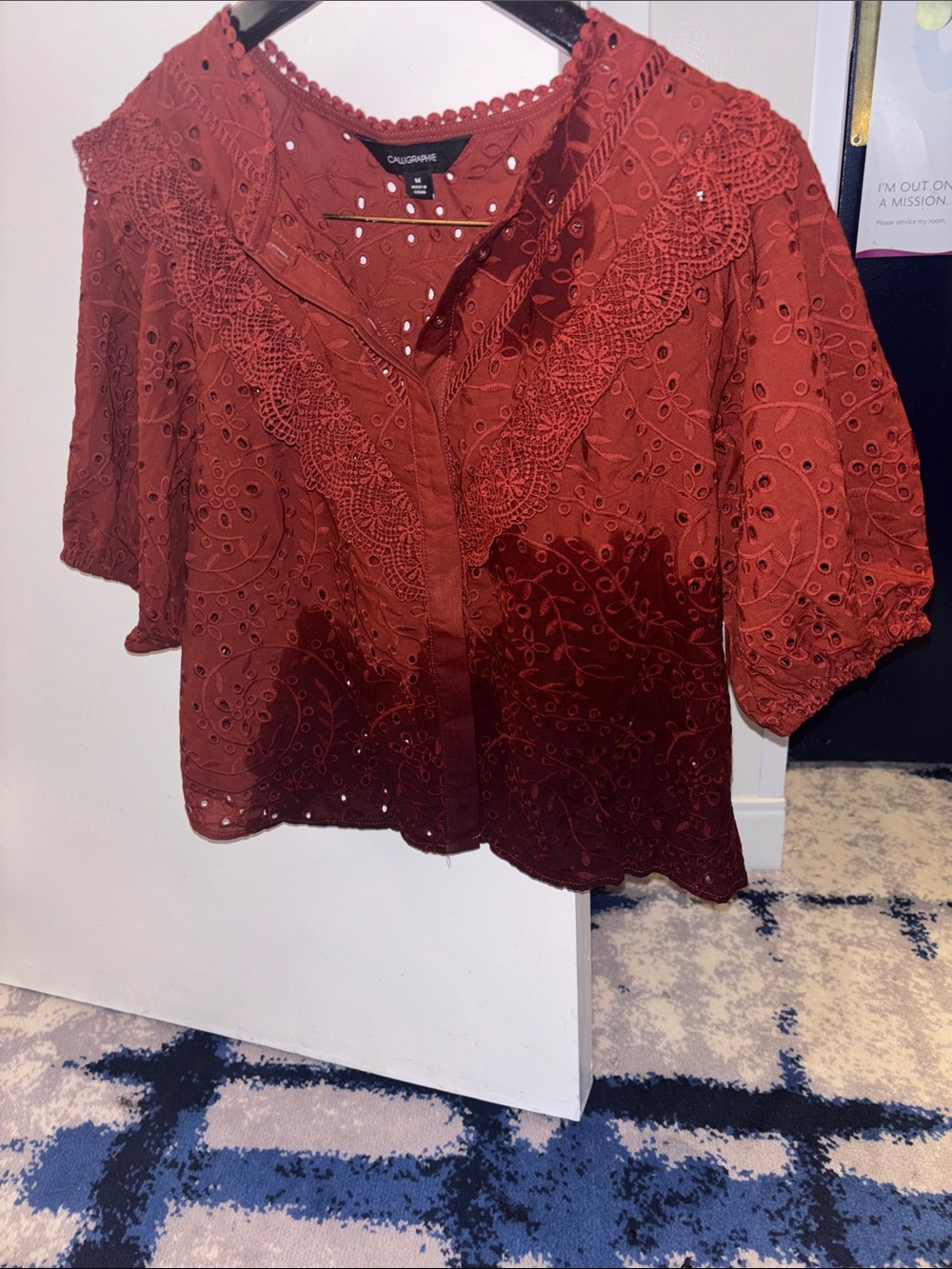 Neiman Marcus Rust Eyelet Lace Short Sleeve Blouse
